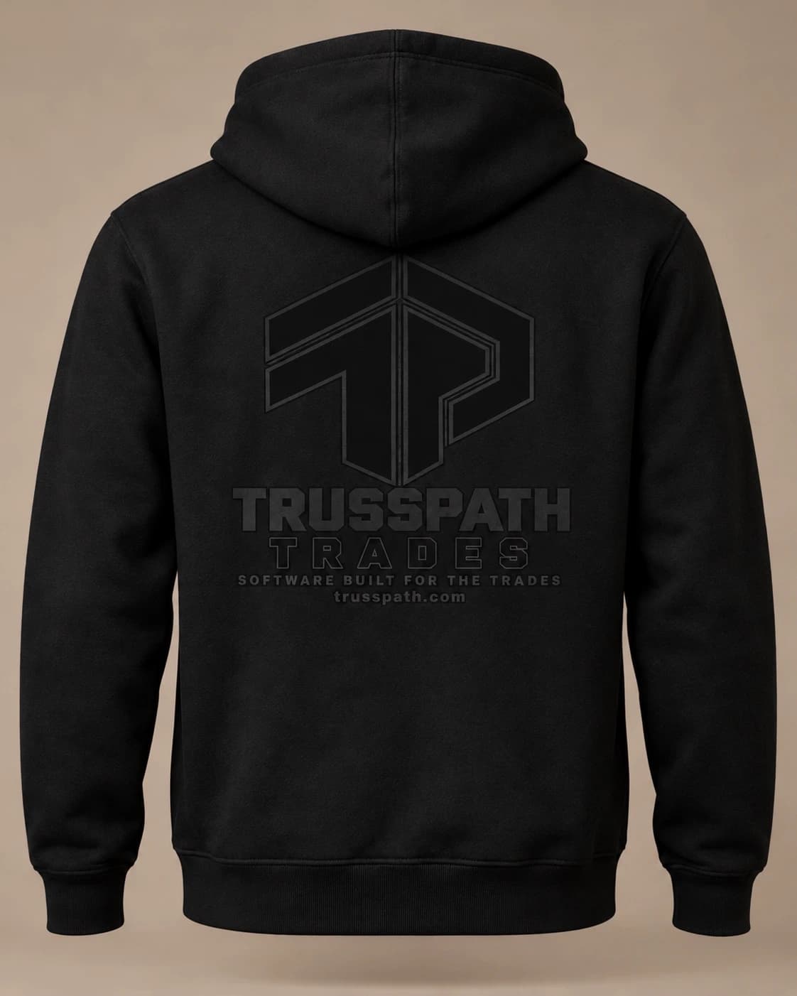 The Blackout Hoodie — back view on a black pullover hoodie, garment mockup