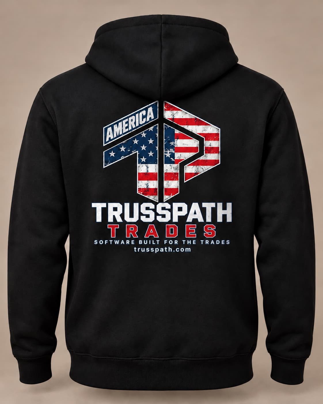 Black Patriot Hoodie with the approved America TP flag design and TrussPath Trades lettering