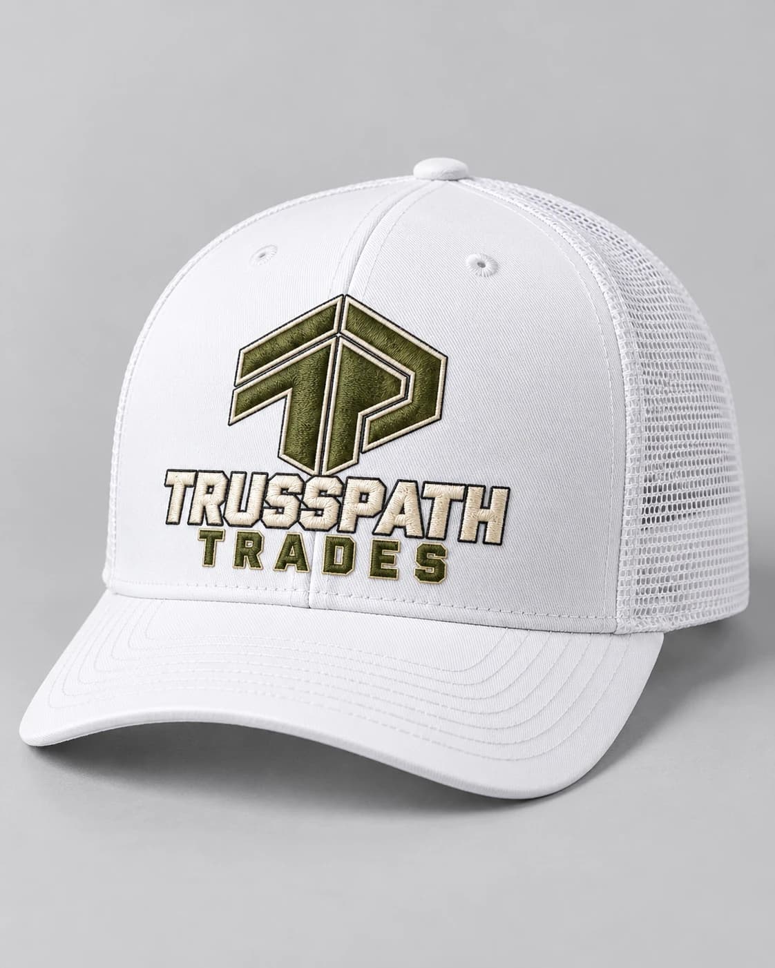 The White Logo Cap — front view on a white cap, garment mockup