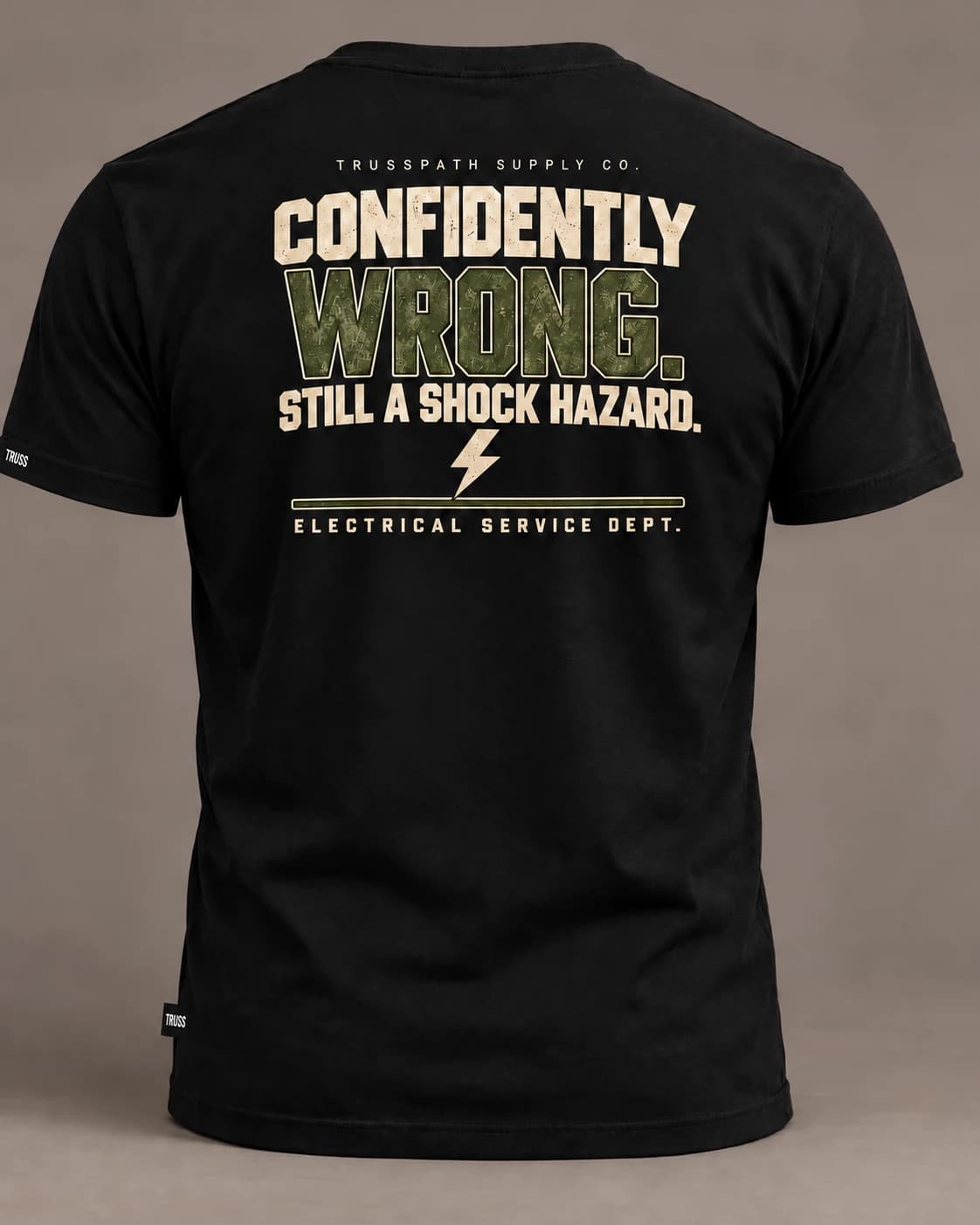 Confidently Wrong — back view on a black electrical graphic tee, garment mockup