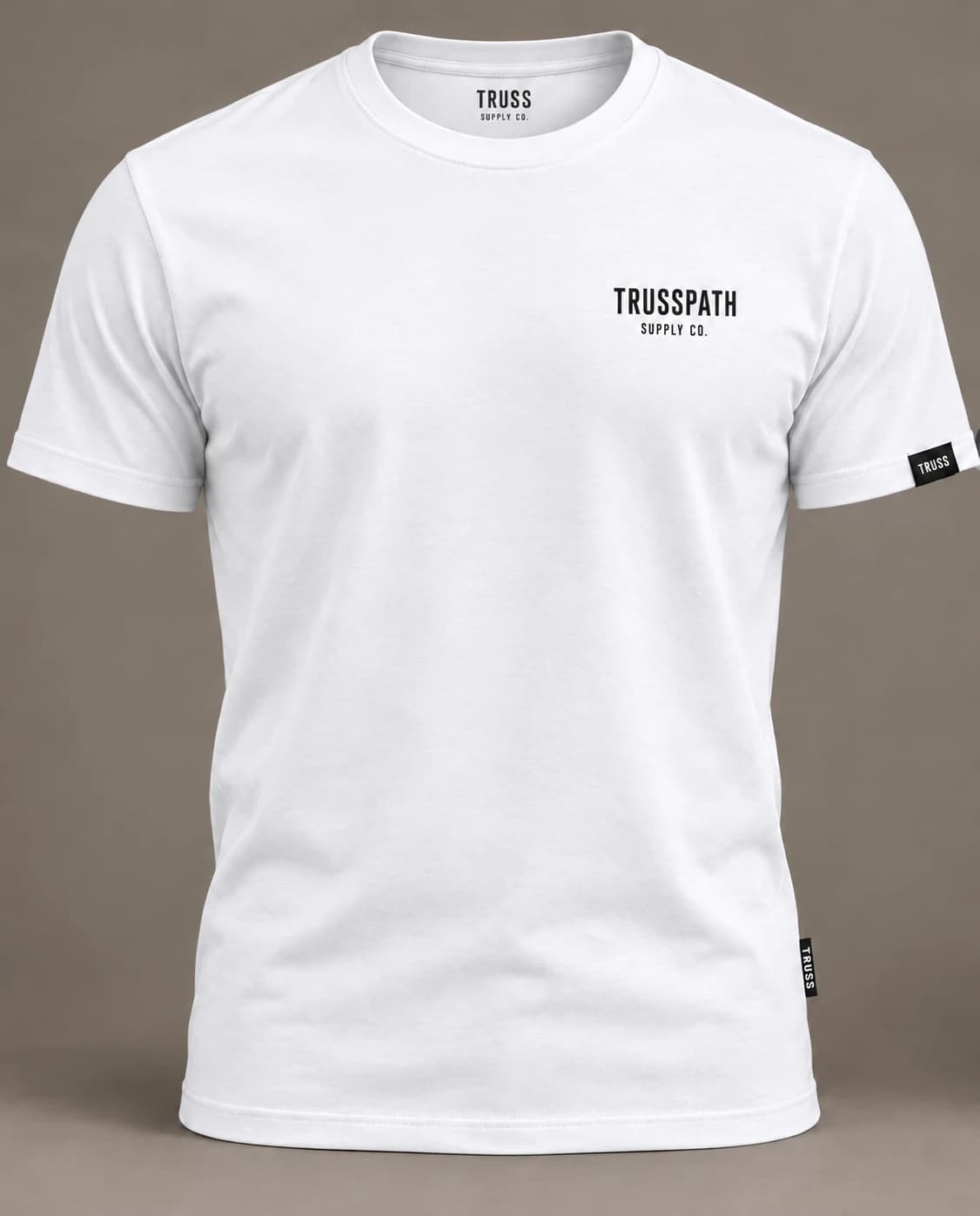 The White Logo Tee — front view on a white t-shirt, garment mockup