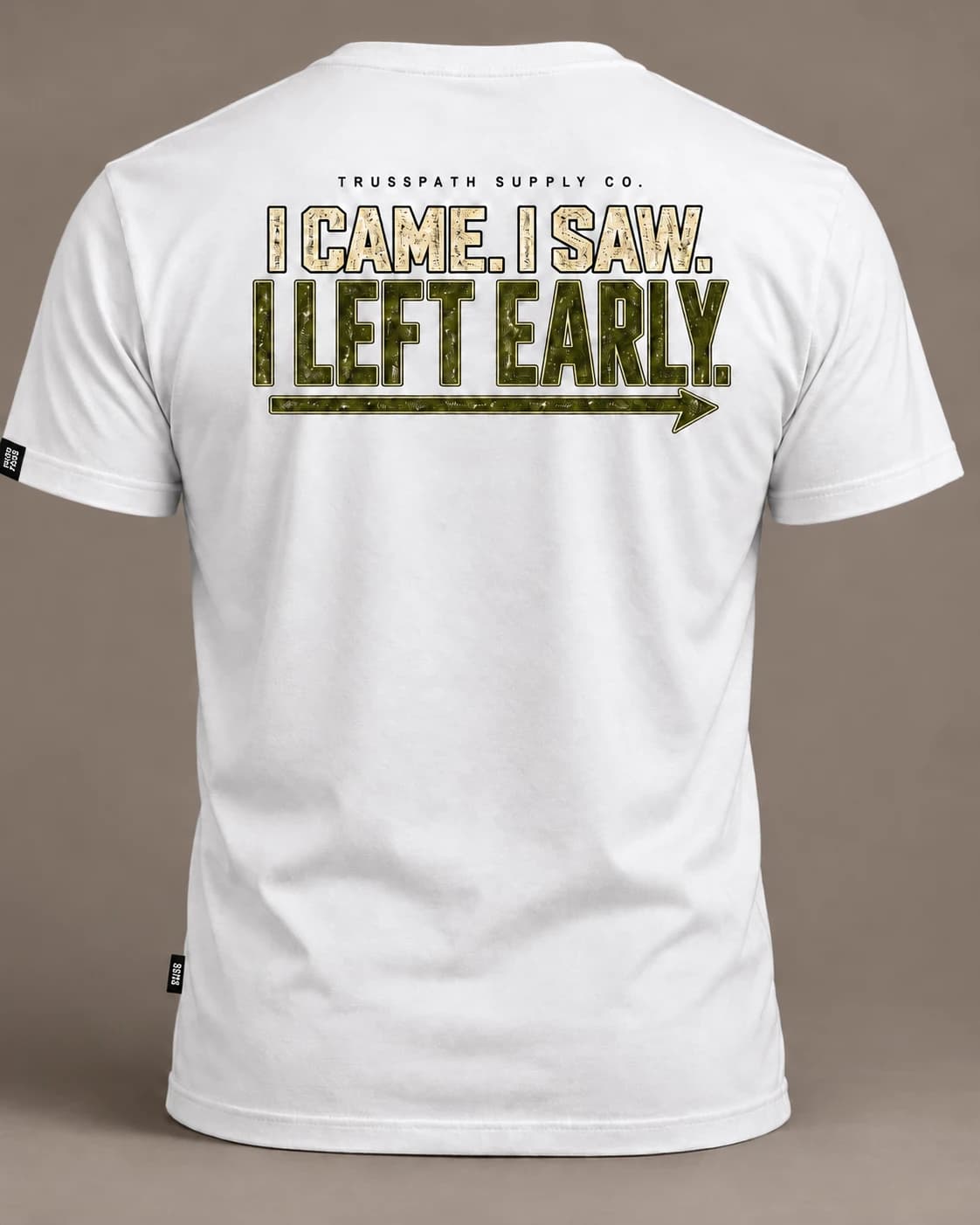 Left Early — back view on a white graphic tee, garment mockup