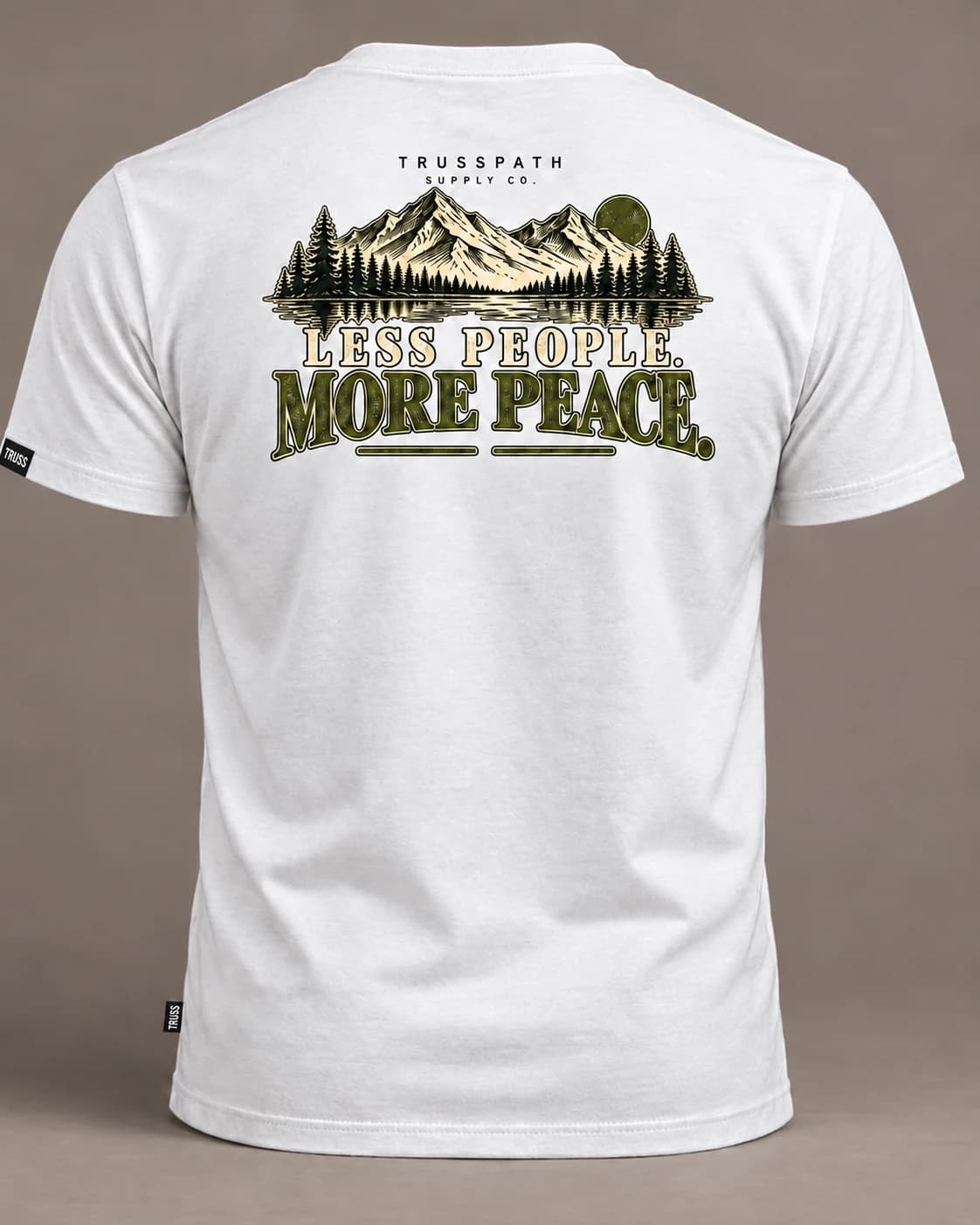 Less People. More Peace. — back view on a white graphic tee, garment mockup
