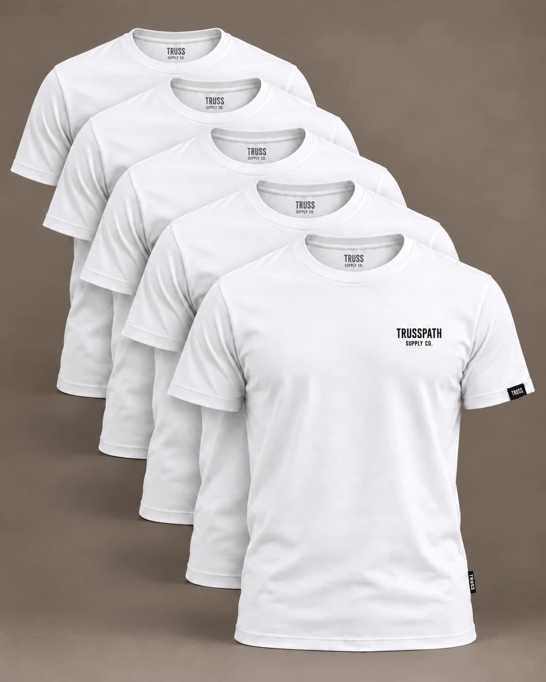 The White Logo Tee Five-Pack — front view on a white five-pack of logo tees, garment mockup
