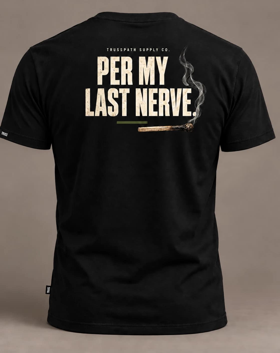 Per My Last Nerve — back view on a black graphic tee, garment mockup