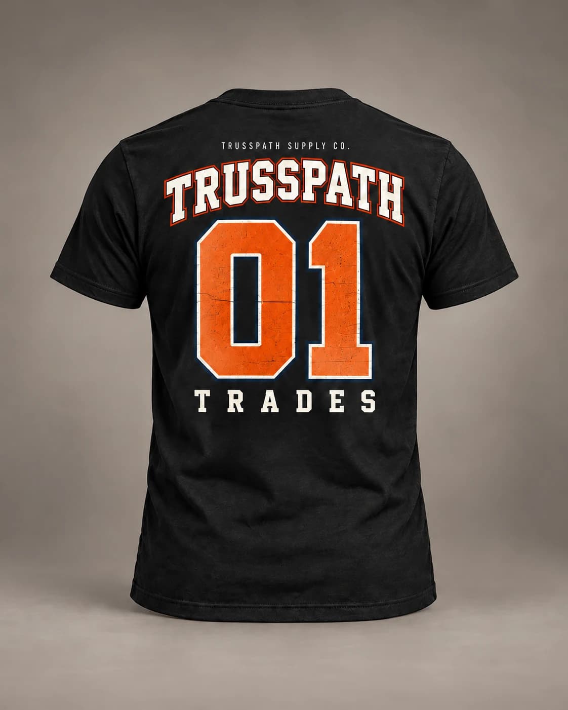 TrussPath 01 Jersey Tee — Black — back view on a black graphic tee, garment mockup