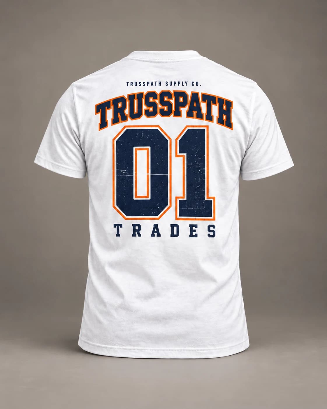 TrussPath 01 Jersey Tee — White — back view on a white graphic tee, garment mockup